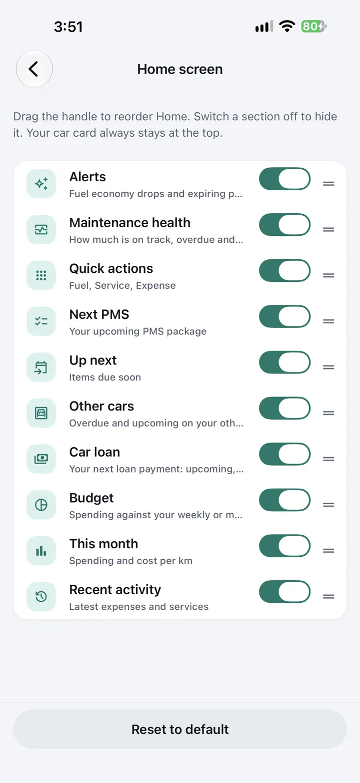 Home screen settings: drag to reorder or switch off alerts, maintenance health, quick actions, next PMS, car loan, budget and more.