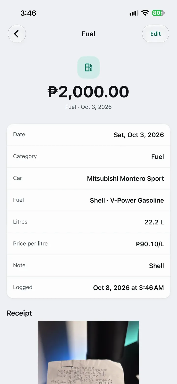 A ₱2,000 fuel expense read from a receipt: Shell V-Power Gasoline, 22.2 litres at ₱90.10 per litre, with the receipt photo attached.