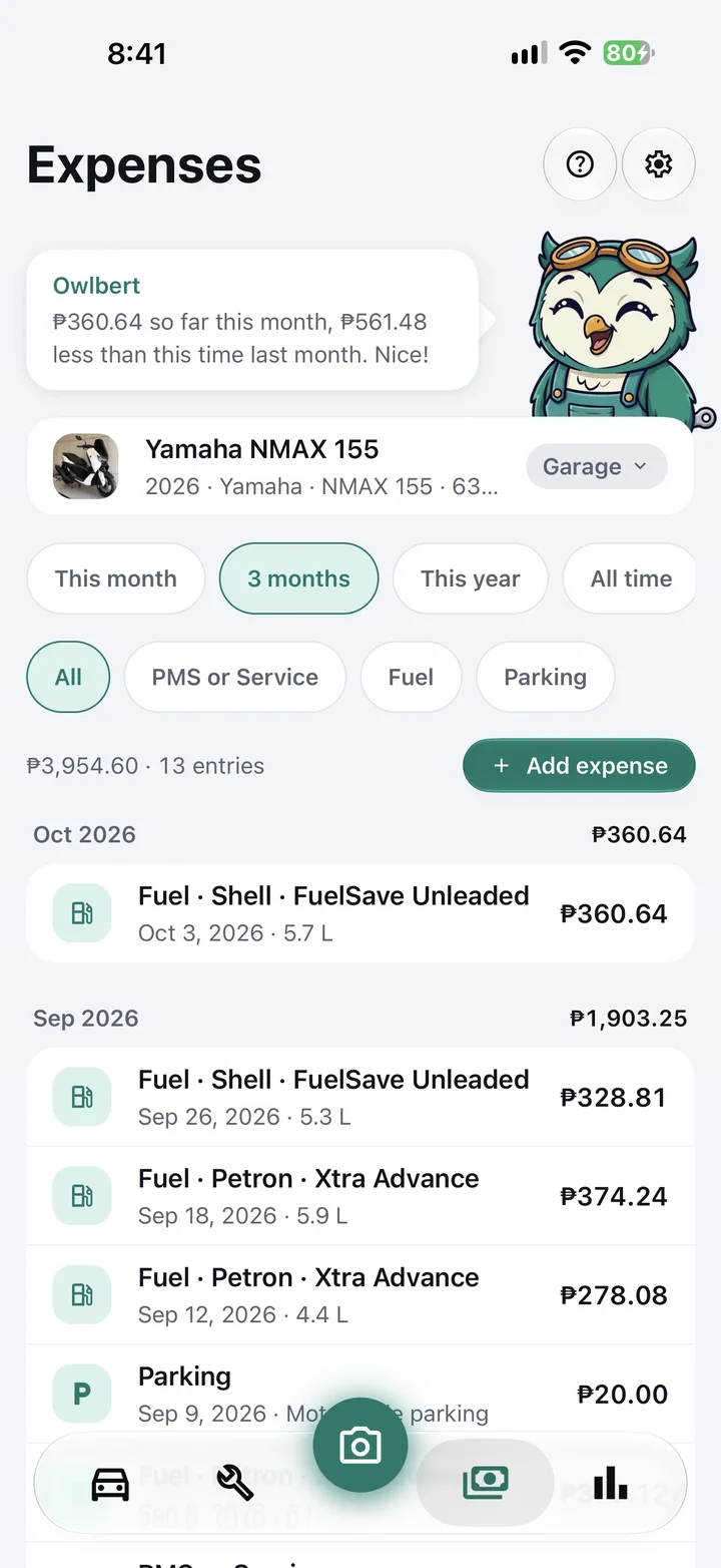 Expenses tab for a Yamaha NMAX 155: Owlbert notes ₱360.64 so far this month, ₱561.48 less than last month, above ₱3,954.60 across 13 entries in three months.