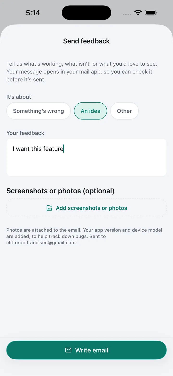 Send feedback in CarMind: choose whether it’s something wrong, an idea or other, write your feedback, and add screenshots or photos before writing the email.