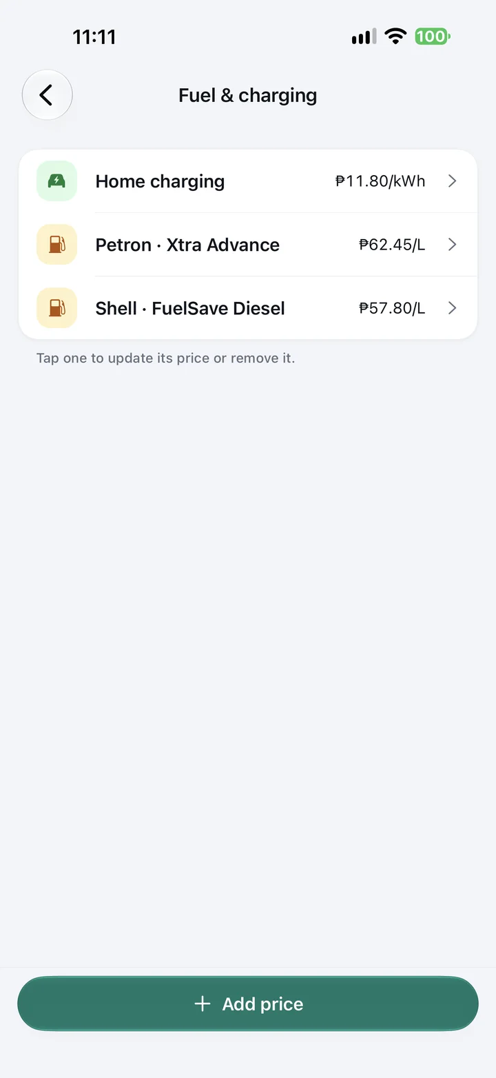 Fuel & charging prices: home charging at ₱11.80/kWh, Petron Xtra Advance and Shell FuelSave Diesel per litre.