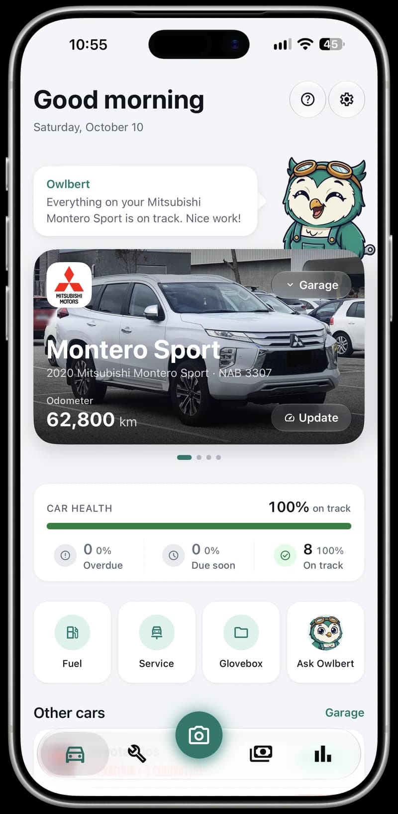 CarMind Home on an iPhone 17 Pro Max: Owlbert says everything on the 2020 Mitsubishi Montero Sport is on track, at 62,800 km with car health 100% on track, and quick actions for fuel, service, Glovebox and Ask Owlbert.