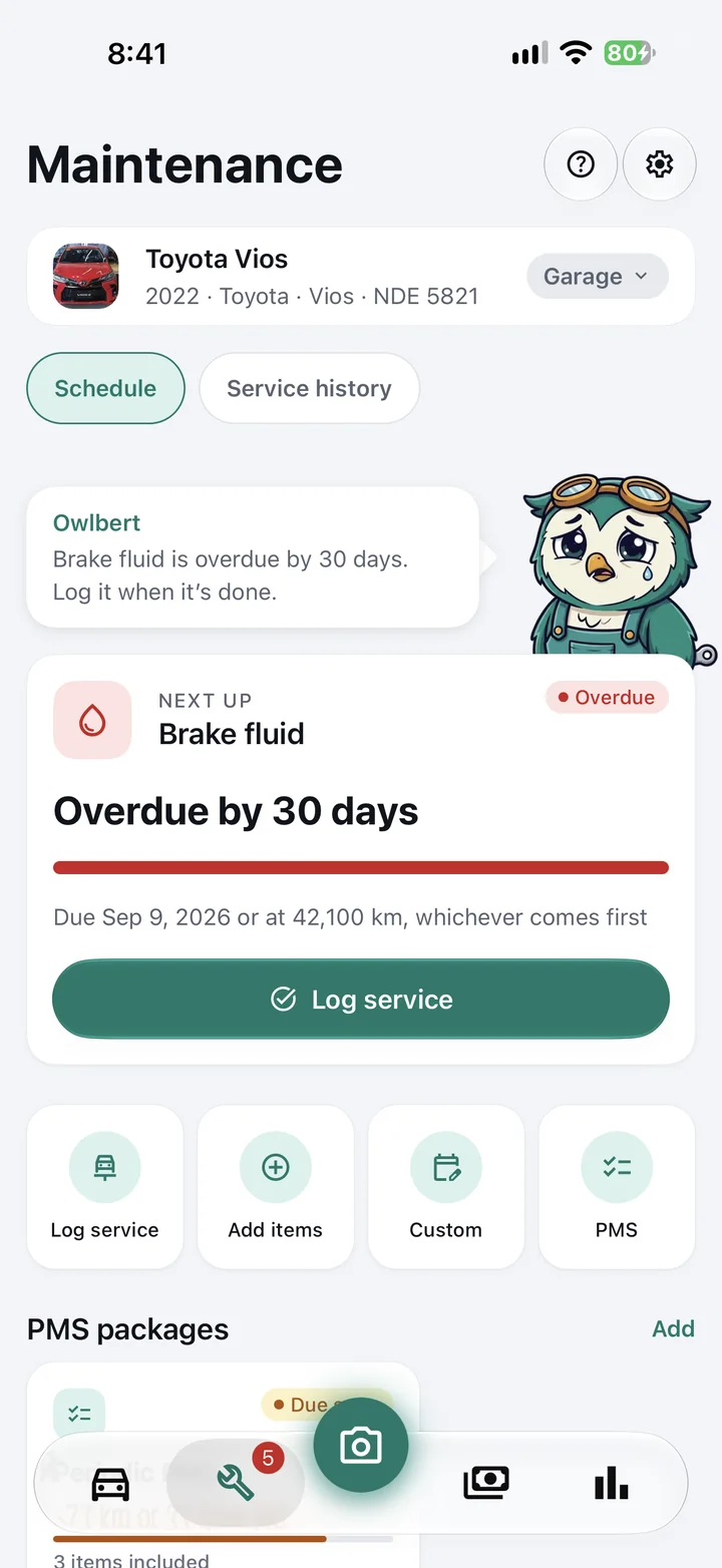 Maintenance tab for a 2022 Toyota Vios: Owlbert says the brake fluid is overdue by 30 days, above the Next up card with a Log service button.