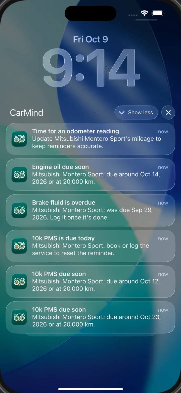 CarMind reminders on the Lock Screen for a Mitsubishi Montero Sport: time for an odometer reading, engine oil due soon, brake fluid overdue, and the 10k PMS due today.