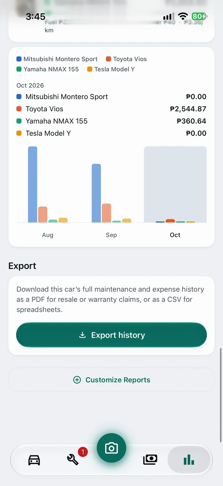 Reports comparing four vehicles month by month, with Export history for a PDF or CSV.