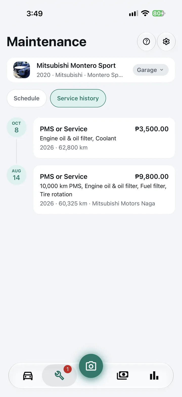 Service history: a ₱3,500 oil and coolant service on Oct 8 at 62,800 km, and a ₱9,800 10,000 km PMS on Aug 14 at Mitsubishi Motors Naga.