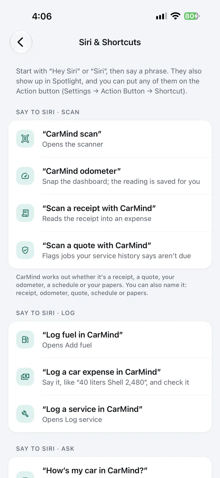 Siri & Shortcuts: phrases like “CarMind scan”, “Scan a receipt with CarMind” and “Log fuel in CarMind”.