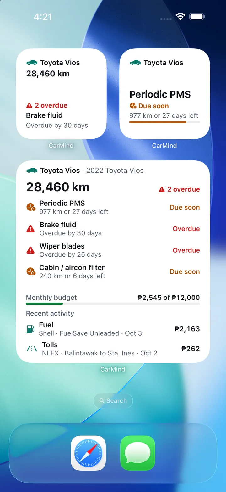 CarMind Home Screen widgets for a Toyota Vios at 28,460 km: brake fluid overdue, the periodic PMS due in 977 km or 27 days, and a large widget with every item due, the ₱2,545 of ₱12,000 monthly budget and recent fuel and toll expenses.