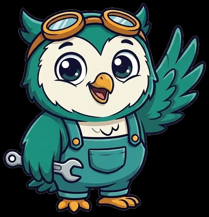 Owlbert, CarMind’s owl mechanic, waving hello in teal overalls and goggles